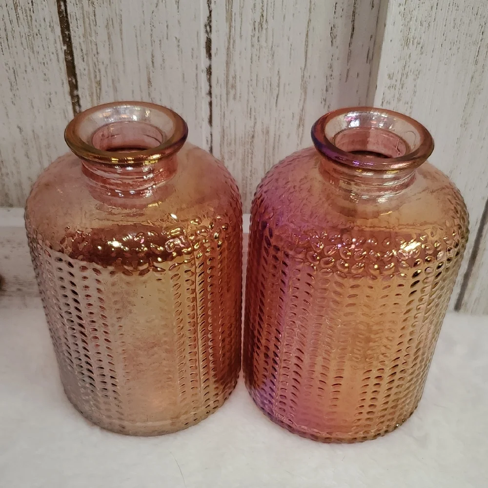 Elegant Pink Iridescent Textured Glass Bottles Bud Vases Set of 2